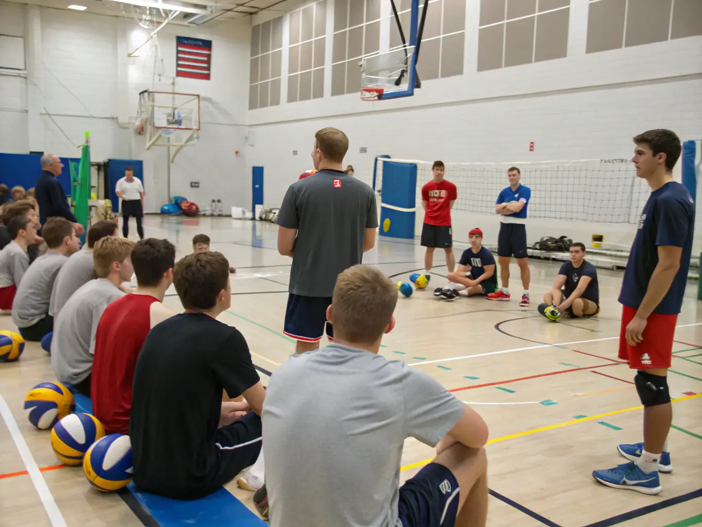 A dynamic action shot of volleyball players in a training session, focusing on skill development and teamwork, set against the backdrop of a modern gymnasium.