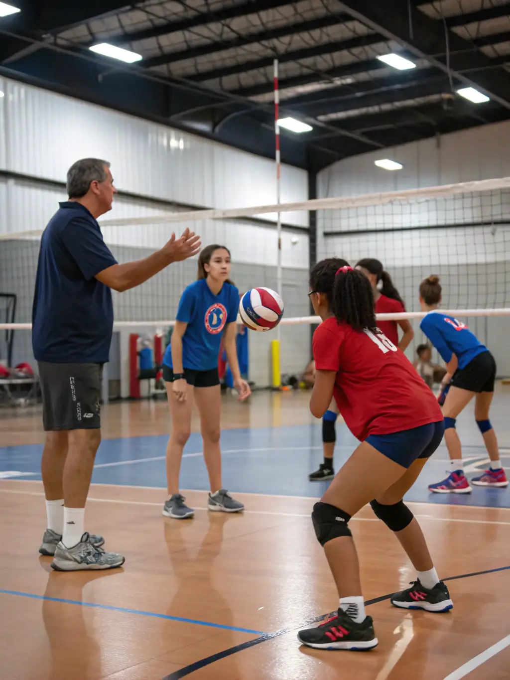A dynamic shot of a volleyball workshop in a gymnasium, with participants actively engaged in drills and exercises under the guidance of experienced coaches. The atmosphere is focused and supportive.