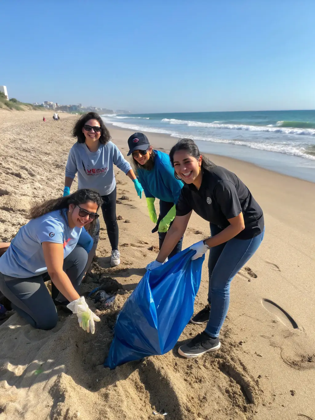A group of volunteers and community members participating in a beach cleanup event organized by IPV, showcasing the organization's commitment to environmental responsibility and community engagement.