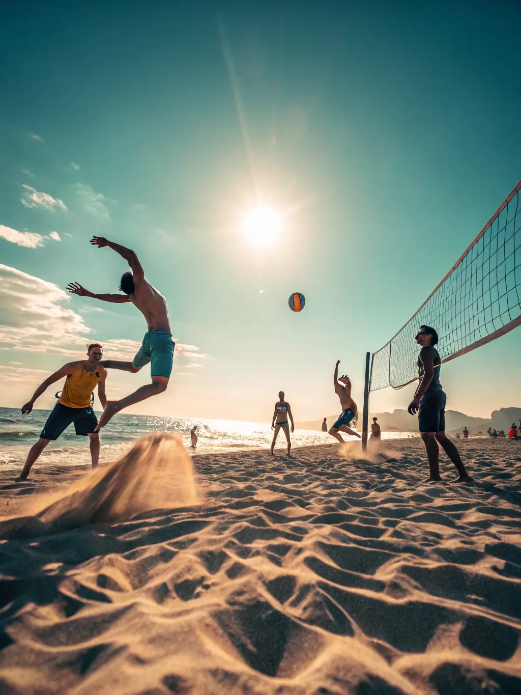 A vibrant image of a beach volleyball tournament in Istres, France, with players competing under the sun and spectators cheering from the sidelines. The focus is on the energy and excitement of the event.