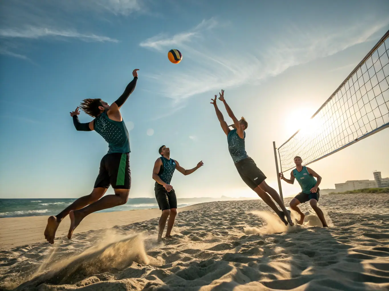 A dynamic image of a beach volleyball game in progress, with players diving for the ball against a sunny beach backdrop. The scene captures the energy and excitement of beach volleyball.