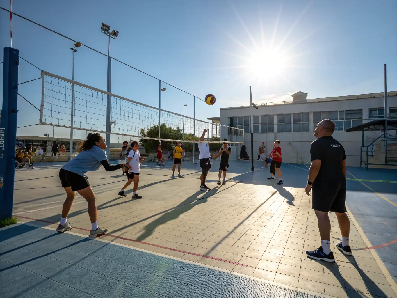 A heartwarming image of community members participating in a volleyball clinic, emphasizing inclusivity and engagement, with coaches guiding participants of all ages.