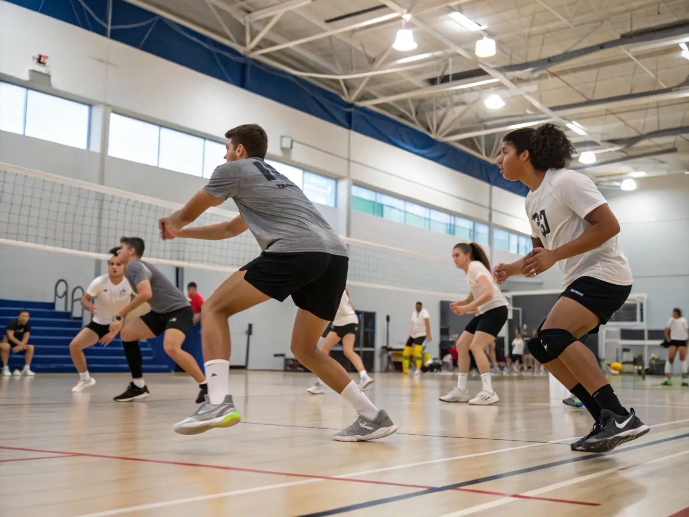 An image of players practicing volleyball on a court, with coaches providing guidance during a training session. The players are diverse in age and skill level, showcasing the inclusive nature of IPV's training programs.