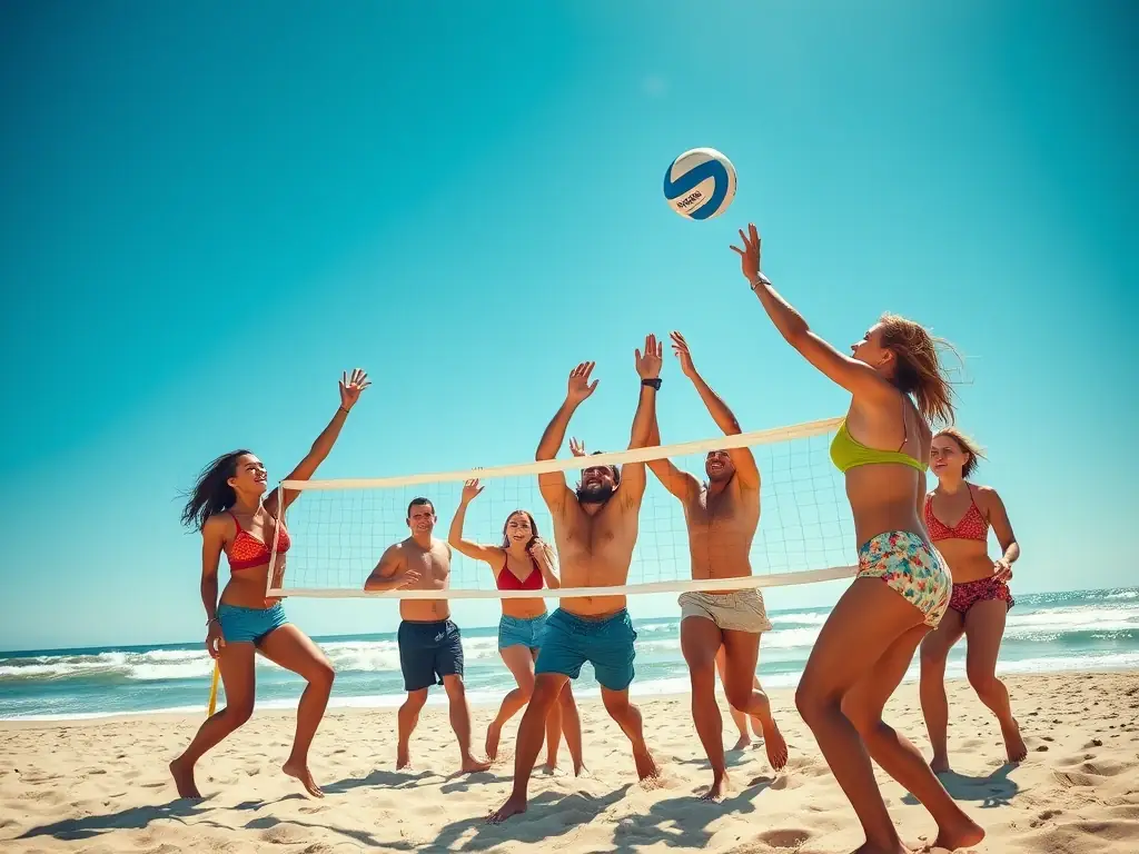 A vibrant image of a beach volleyball tournament, showcasing the excitement and competitive spirit of the event, with participants actively engaged in a match.